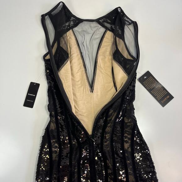 NWT Bebe XXS Bodycon Mini Dress Black Velvet Mesh Nude Sequin Lace Sleeveless - Picture 12 of 15